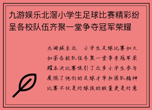 九游娱乐北滘小学生足球比赛精彩纷呈各校队伍齐聚一堂争夺冠军荣耀